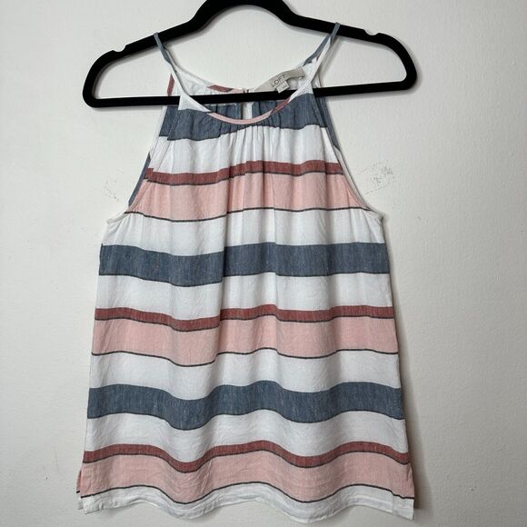 Loft Gray White Pink Stripe Linen Blend Halter Neck Sleeveless Blouse Keyhole SM - Picture 10 of 10